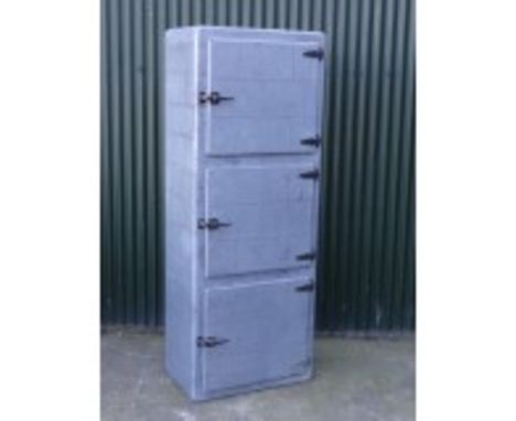 A vintage industrial zinc effect cabinet on wheels with three drawers, 197cm x 75 x 48cm.