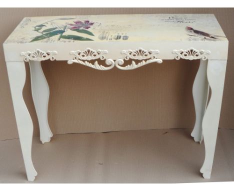 A painted orchid/bird metal console table, 79x100x4cm. 