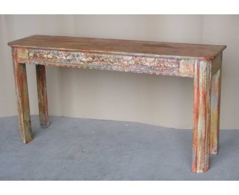 Wooden console table, orange finish,  81x158x63cm. 