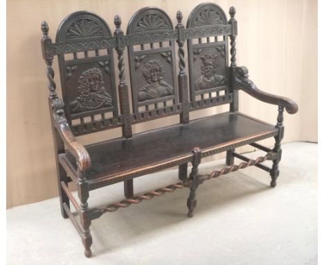 Wooden triple portrait carved bench.