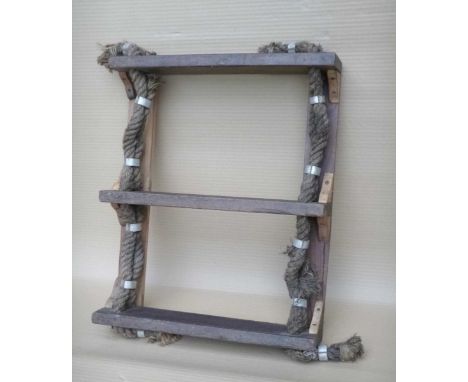 A wooden three shelf hanging rope ladder, 59x48x13cm. 