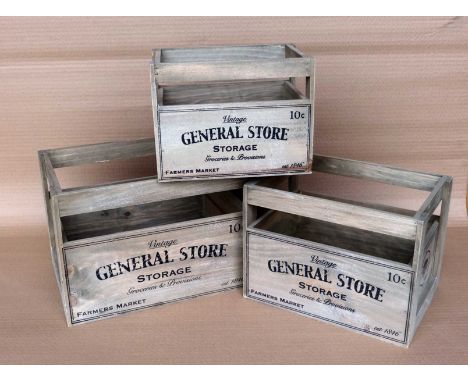 A set of three graduated vintage style wooden crates, largest, 26x36x27cm. (3)