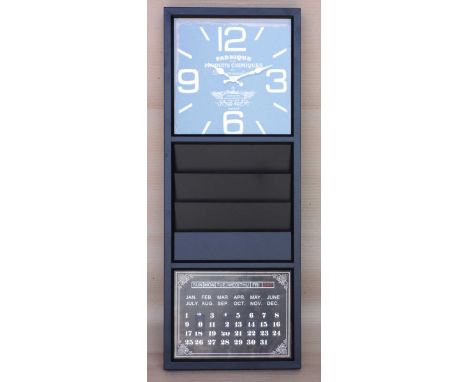 Black metal calendar clock with rack, 100x38x6cm. 