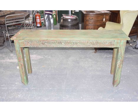 Carved wooden green console table .