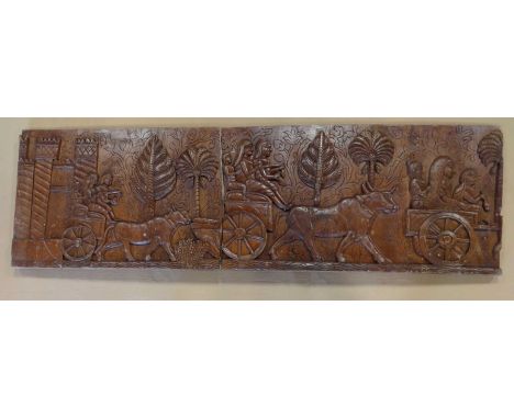 A decorative carved wooden panel, 75x248x6cm.
