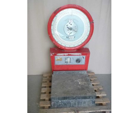 A set of vintage style red 'Avery' scales, 116x65x75cm.