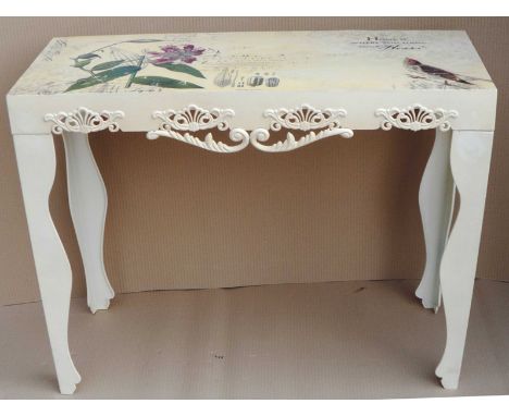 A painted orchid/bird metal console table, 79x100x4cm. (2)