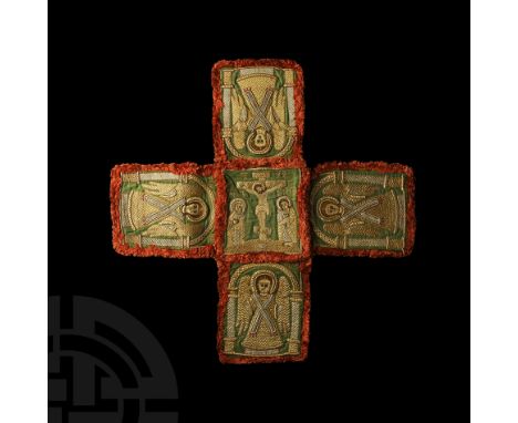 17th-18th century AD. An embroidered fabric chalice cover comprising five squares arranged in cruciform manner; the four pane