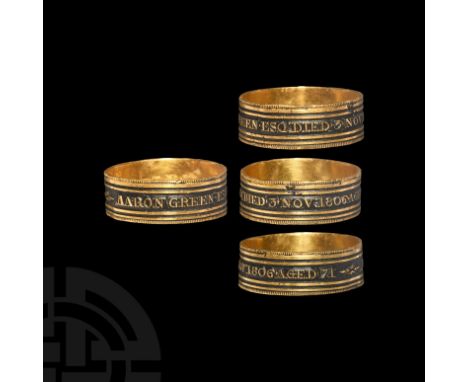 Dated 1806 AD. A gold flat-section annular band, the outer face bearing the inscription: 'AARON GREEN ESQ DIED 3 NOV 1806 AGE