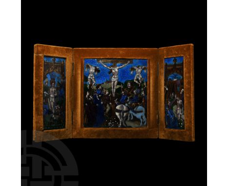 France, 16th century AD or later. A triptych of rectangular enamelled copper panels depicting: (left) Christ beneath an arch 