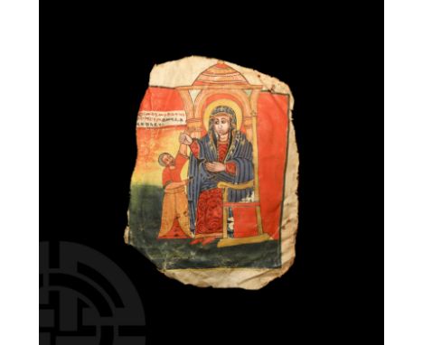 17th-18th century AD. A vellum manuscript leaf: recto with full page, hand painted polychrome panel depicting Mary holding th