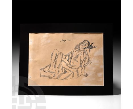 Dated 1970 AD. An inked sketch on beige-washed card of a nude female reclining on a rectangular rug, the body adorned with th