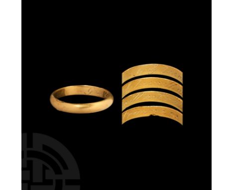 c.18th century AD. A good size gold D-section annular band with plain exterior, the interior inscribed 'Godly love will not r