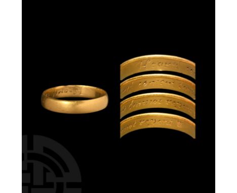 17th-18th century AD. A substantial gold D-section annular band with plain exterior, the internal face inscribed 'Hearts cont