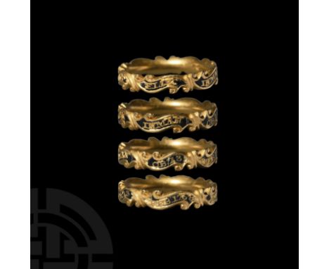 Dated 1768 AD. A gold ring with inverted D-section hoop, rounded on the internal face, the outer face formed as five scrolled