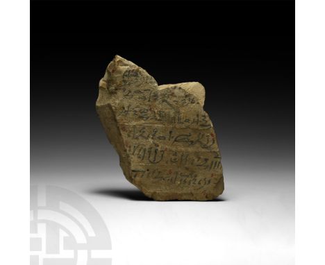 Late New Kingdom, 1300-700 BC. A substantial limestone ostracon with several lines of hieratic writing to both sides, the six