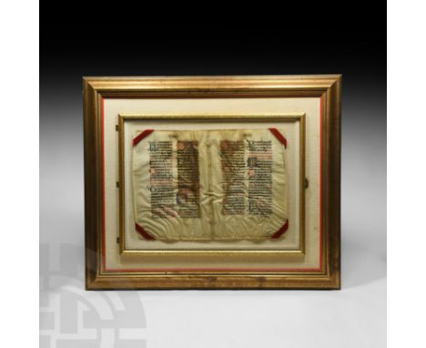 14th-15th century AD. A double vellum manuscript leaf with Latin blackletter script in black, blue and red ink on the recto a