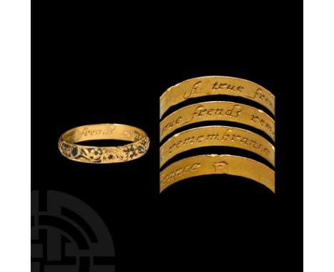 17th-18th century AD. A gold D-section annular band, the outer face engraved with a frieze of floral and foliate forms and a 