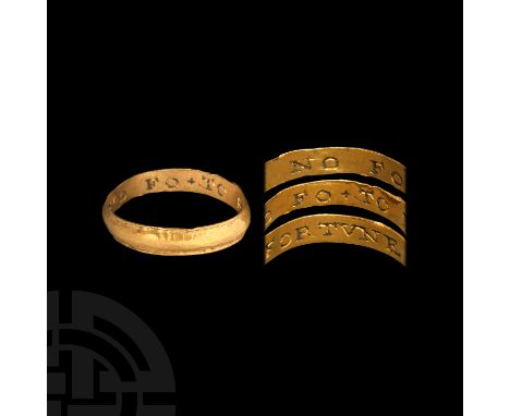 16th-17th century AD. A gold D-section annular band with slender collars around both edges, the internal face inscribed 'NO F