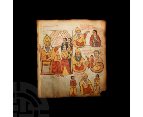 17th century AD. A vellum manuscript leaf: recto featuring a full page of polychrome hand painted figural scenes paired with 