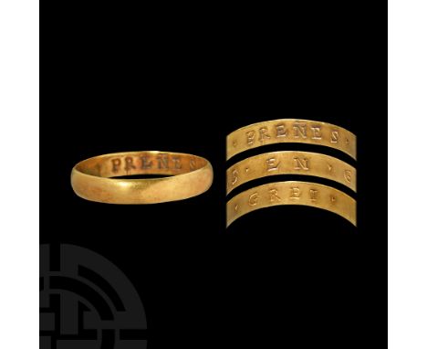 16th-17th century AD. A gold D-section annular band with plain exterior, the interior with French inscription ' . . PRENES . 