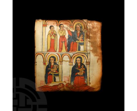 17th century AD. A vellum manuscript leaf comprising two columns of Ge'ez text in red and black script to the recto; a full p