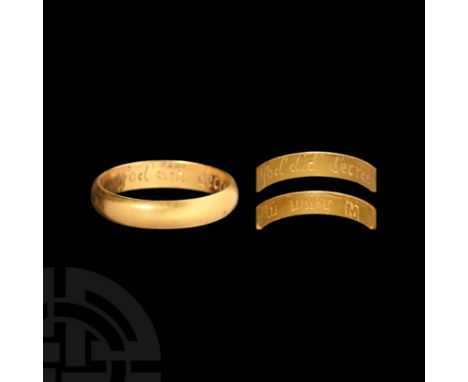 17th-18th century AD. A gold D-section annular band with plain exterior, the interior inscribed 'God did decree this unity', 