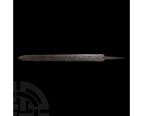 3rd century AD. A double-edged spatha of Lauriacum Hromówka typology; the blade with four blood channels running along the ma