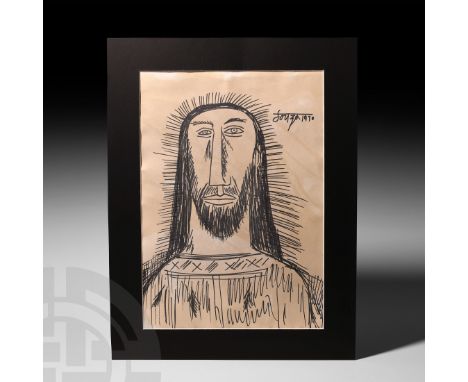 Dated 1970 AD. An inked sketch on beige-washed card of a facing male bust with shoulder-length hair and short beard, wearing 