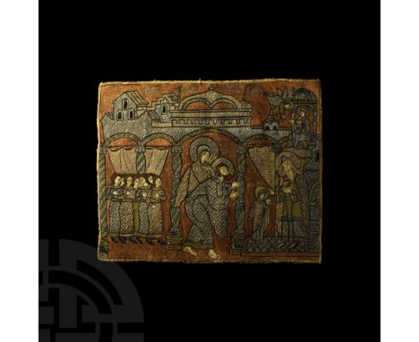 Late 16th-early 17th century AD. A rectangular fabric panel with embroidered scene of the Presentation of the Virgin at the T