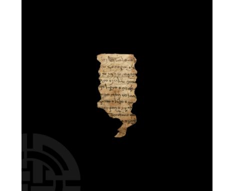 5th-8th century AD. A fragment of a manuscript, recto bearing ten incomplete lines of cursive script on leather; verso blank;