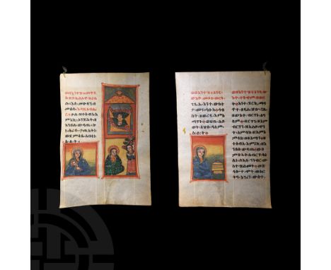 18th century AD. A vellum manuscript leaf: recto with hand painted polychrome panel depicting Mary together with two columns 