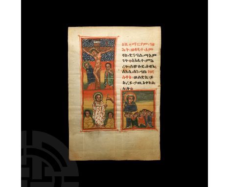 18th century AD. A bifacial manuscript leaf comprising: two hand painted polychrome panels showing the Crucifixion, Resurrect