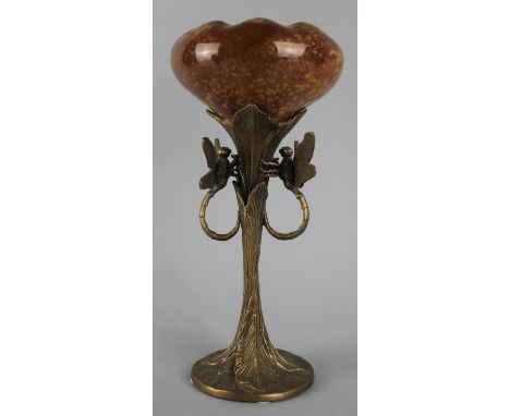 A Modern Brass and Ceramic Dragonfly Handled Vase with Wavy Rim, 25cms High 