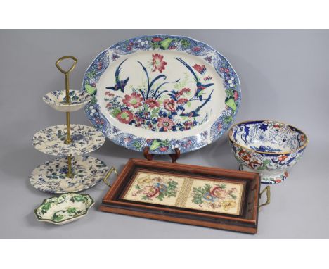 A Collection of Various Transfer Printed China to Comprise Large Platter, Tile Tray, Footed Imari Bowl, Masons Dish and a Thr