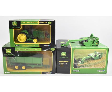 A Collection of Three Britains Ertl John Deere Diecast Toys, Tractor, Marston Trailer and Mower Conditioner 