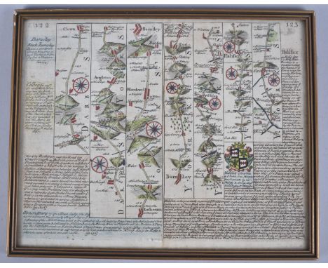 A Framed 18th Century Map, The Road from Derby to Skipton, by The Reverse Oakham to Nottingham, 24x19cms 