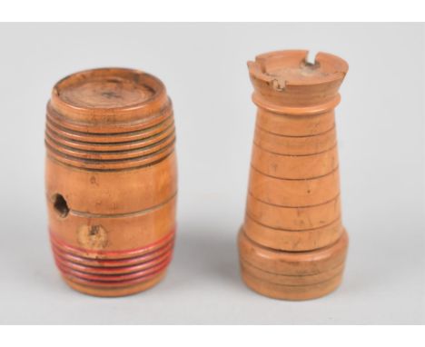 Two Vintage Novelty Dice Cups, One in the Form of a Rook Chess Pieces, Other in the Form of a Barrel, Both Containing Vintage