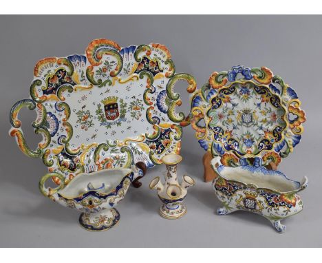 Five Pieces of French Faience to Comprise Twin Handled Dish with Crest for Rouen, Pierced Plate with Crest for Amavie, Bed Ch