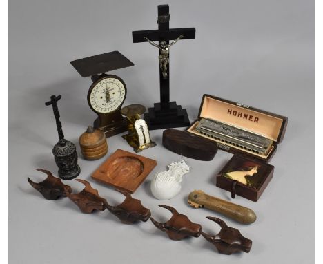 A Collection of Various Curios to Comprise Crucifix, Ceramic Pocket, Hohner Harmonica, Postage Scales, Ebonised Pot and Cover