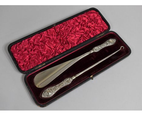 A Cased Silver Handled Button Hook and Shoe Horn 