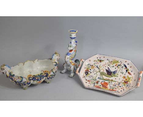 Three Pieces of French Faience to Comprise Twin Handled Tray Decorated in Polychrome with Dragon Design, Planter with Stylise