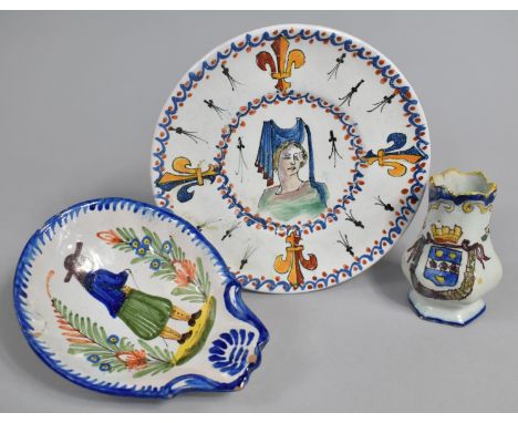 Three Pieces of French Faience to Comprise Dish with Maidens Head Design, Shaped Quimper Ware Dish and a Small Vase 