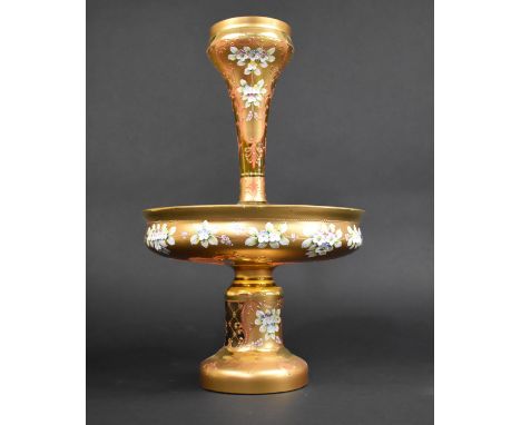 A Vintage Continental Gilded Glass and Ceramic Single Trumpet Epergne, 39cms High 