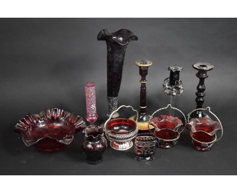 A Collection of Various Ruby and Aubergine Glass to Comprise Epergne Vase, Nice Quality Candle Stick with Gilt Trim, Further 