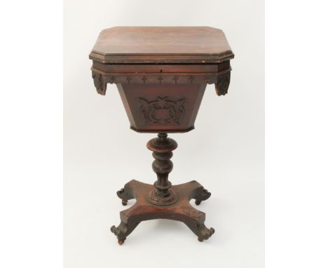 A William IV rosewood work table, requiring restoration - the rectangular top with clipped corners, over a blind fret apron a