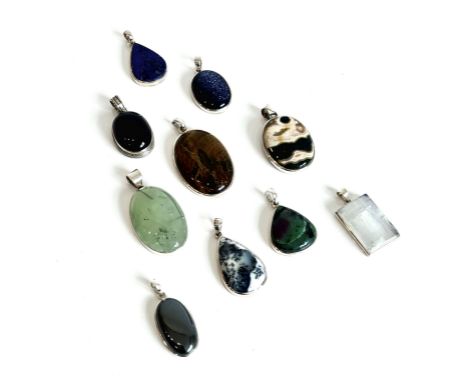 Ten gemstone set sterling silver pendants - including Hematite; Rainbow Moonstone; Amethyst; Tigers Eye; Blue Goldstone; Ocea