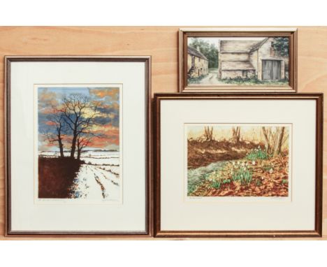 Michael Mattingley (British, contemporary) Three works - oil on board and etching, comprising: 1. 'Cotswold Barns', oil on bo