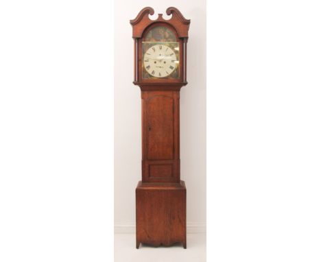An early 19th century oak eight-day longcase clock - the painted arched Roman dial with painted arched and spandrels depictin