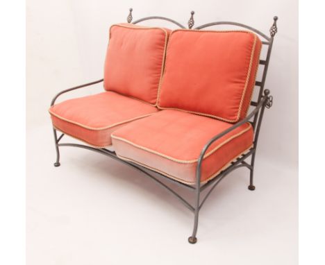 A wrought iron two-seater conservatory or garden room sofa (matches lot 468 ) - modern, the double arched lattice back with p